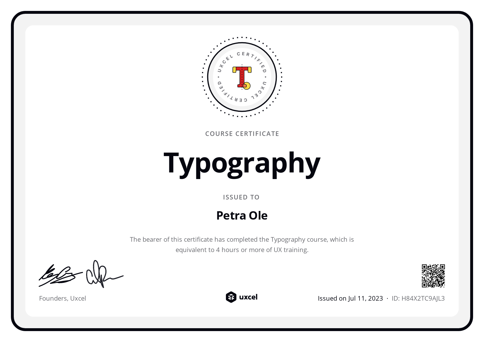 Petra Ole's certificate